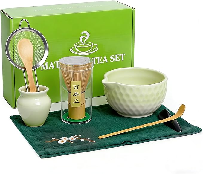Matcha Whisk Set 8Pcs, Ceramic Japanese Tea Handmade Bowl Kit, Ombre Dimpled, Ceremony Starter Making Gifts, Complete Fellow Matcha Tools Accessories with Spout Spoon Chasen Holder Sifter Tea Cloth