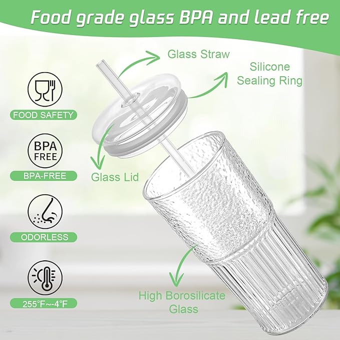 Luiaiog Glass Cups with Lids and Glass Straws, High Borosilicate 20OZ Tumblers (2Pcs) for Coffee, Tea, Juice, Smoothies, Hot/Cold Drinks at Home, Office（Christmas Creative Drink Label Design）