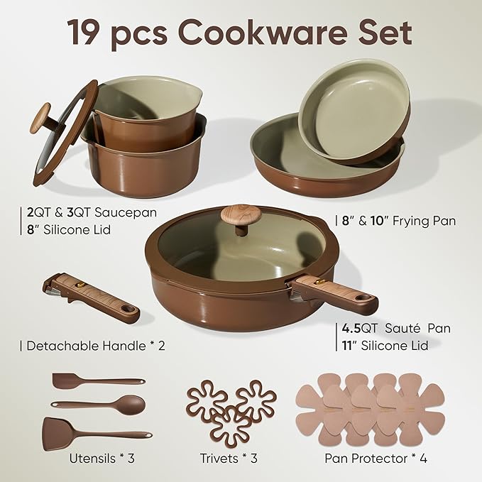 CAROTE 19PCS Ceramic Nonstick Cookware Set, Pots and Pans Set with Detachable Handle, PFAS-Free Non-Toxic, Induction & Oven Safe, Stackable Space-Saving, Pistachio Green