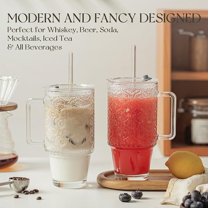 Kemorela 24oz Ribbed Glass Cups with Lids and Straws,Glass Tumbler with Handle,2 set–Reusable Glass Ice Coffee Cups with Lid and Straw for Smoothies,Tea,Juice,Boba Cup for Cold & Hot Drinks,Travel Cup