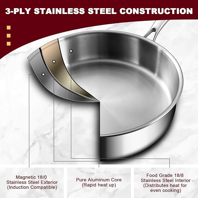 EWFEN 12 Inch Tri-Ply Stainless Steel Frying Pan, Compatible with All Cooktops Up to 600℉, Large Frying Pan Induction-Ready Skillet, Dishwasher and Oven Safe, Even Heat