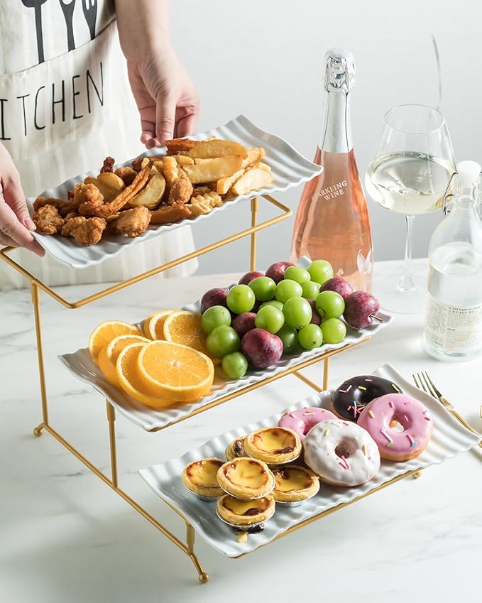 LAUCHUH 3 Tier Trays Stand, Porcelain Serving Trays Collapsible Sturdier Stand Serving Platters Dessert Table Display Set for Indoor Mother's Day Party, Entertaining, Gold, 12.2 Inch