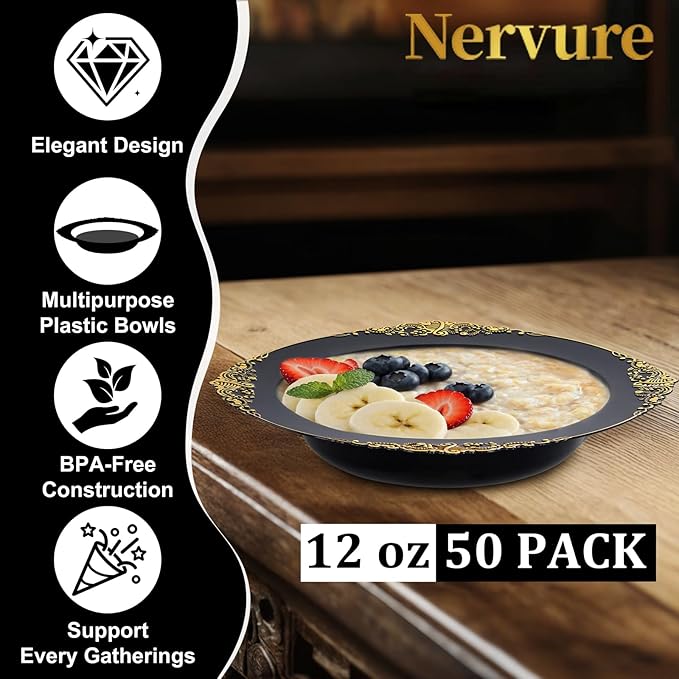 Nervure 50PCS Black Plastic Bowls with Gold Rim - 12oz Disposable Soup Bowls, Heavy Duty Salad Ice Cream Bowl Perfect For Weddings, Parties and Halloween