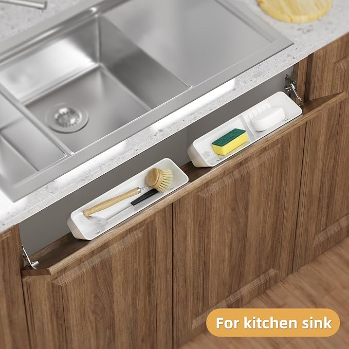 Furniware 1 Pair Tip-Out Tray 11 inch with 4 Hinges, Standard Sink Tip Out Tray for Sink-Front Drawer,White Mountable Tray for Under Sink Base Vanity Laundry Room Cabinet