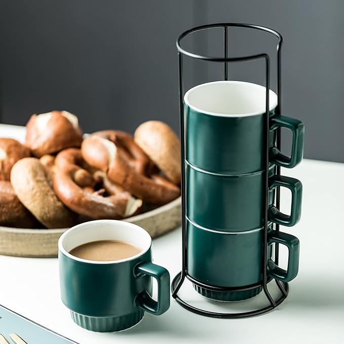 Miamolo Stackable Coffee Mugs Set of 4 with Holder Spoons 11oz Ceramic Cappuccino Cups for Espresso Latte Tea Drinks, Dishwasher & Microwave Safe, Green