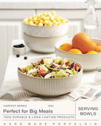 getstar Large Serving Bowls (9.5 inch & 92 fl oz), Ceramic Salad Bowl Set of 2, Microwave and Dishwasher Safe (Embossed Stripes)