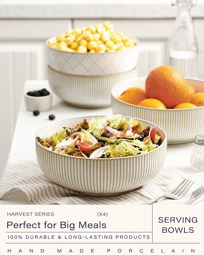 getstar Large Serving Bowls (9.5 inch & 92 fl oz), Ceramic Salad Bowl Set of 2, Microwave and Dishwasher Safe (Embossed Stripes)