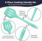 Culinary Couture Aqua Sky Silicone Cooking Utensils Set - Sturdy Steel Inner Core - Spatula, Mixing & Slotted Spoon, Ladle, Pasta Server, Drainer - Heat Resistant Kitchen Tools - Bonus Recipe Ebook