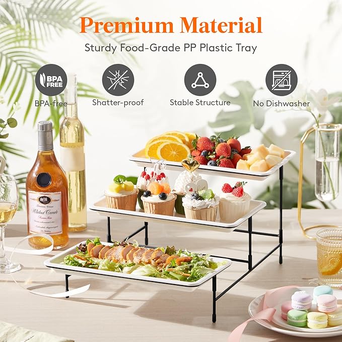Lifewit 3 Tier Serving Tray, 30 x 17 cm/12 x 6.5 White Plastic Tiered Food Serving Platters, Tiered Tray Stand for Party with Black Collapsible Metal Stand, Dessert Display Stand for Cookies/Crackers