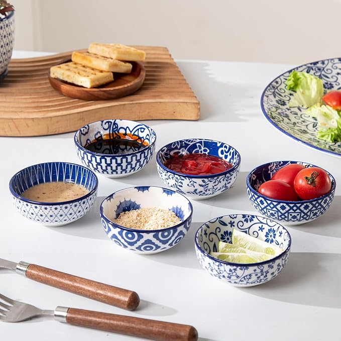 Ceramic Dipping Bowls Set - Mini 2.7 Oz Soy Sauce Dishes - 3 inch Small Side Dishes for Appetizers Charcuterie Sushi Sauce Snack Soy - Pinch Bowls for Kitchen Prep - Set of 6 - Vintage Blue