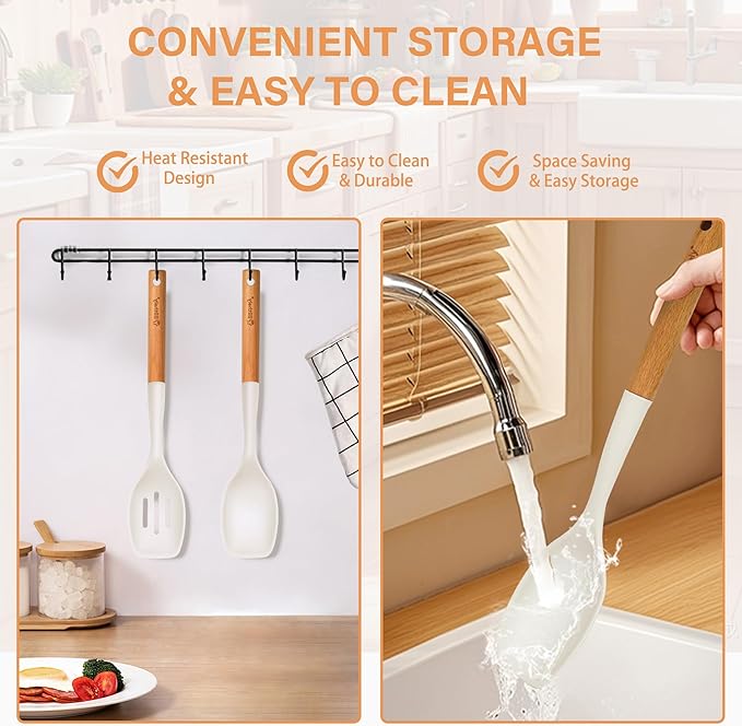 4PCS Silicone Cooking Spatula and Spoons Set, Nonstick Kitchen Utensils Set with Wood Handle, Heat Resistant Silicone Solid and Slotted Spatula Set with Turners, Serving Spoons(White)