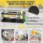 Kitchen Sink Caddy Organzier with Sponge Holder and Removable Drip Tray for Kitchen Sink, 304 Stainless Steel Organize for Sponge Soap Dish Brush Storage Accessories(Black)