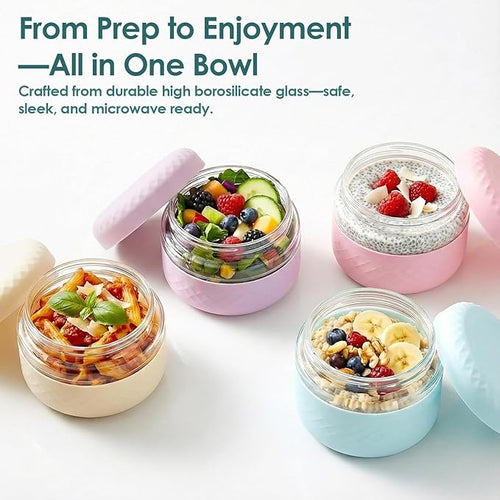 4 Pack 16 oz Glass Lunch Bowl Containers with Lids | Leak & Spill Proof, BPA-Free, Microwave & Dishwasher Safe, Airtight Meal Prep & Food Storage Jar for Lunch, Salad, Soup, Oats, Stew, Yogurt