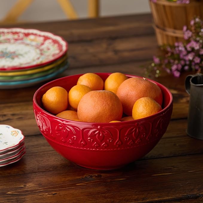 Provence Embossed Deep Bowl 10.5" – Extra-Large 158 oz Vintage French Country Style Stoneware Bowl – Rustic Floral Embossed Design – Serveware for Pasta, Salad, Fruit
