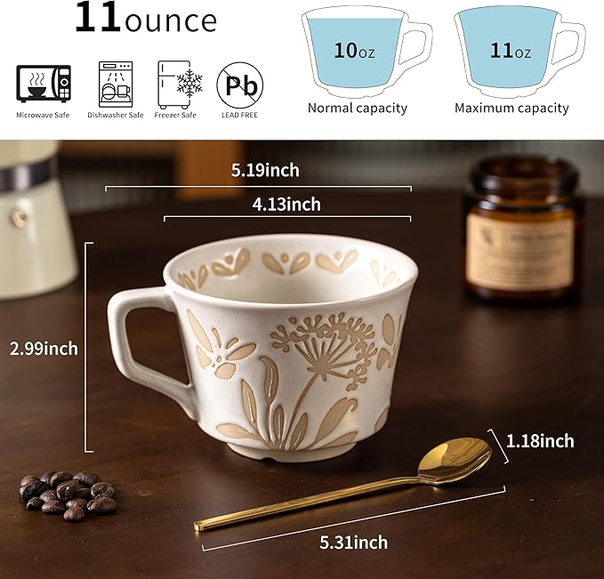 Coffee Mugs Set of 4 with Gold Spoon, 11 oz Porcelain Mug, Ceramic Tea Cups with Handle for Men Women, Hand-painted Mug, Birthday Housewarming Wedding Gift, Dishwasher Microwave Safe
