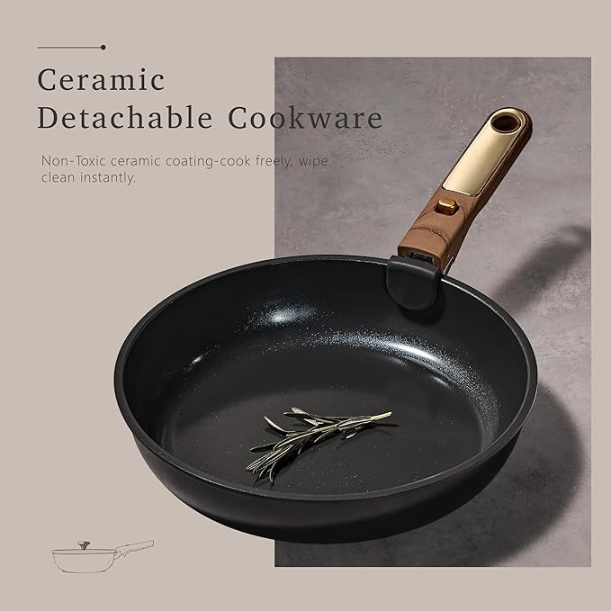 CAROTE 15Pcs Ceramic Cookware Set, Pots and Pans Set Non stick, Kitchen Cooking Set with Detachable Handle, Non Toxic Induction Cookware, Dishwasher/Oven Safe, PFAS Free, Black&Gold