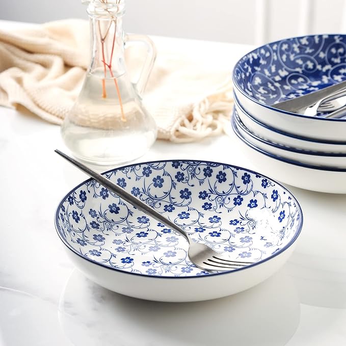Selamica Porcelain Salad Pasta Bowls, Serving bowls, Microwave & Dishwasher Safe, Sturdy & Stackable - 26 Ounce, Set of 6, Vintage Blue