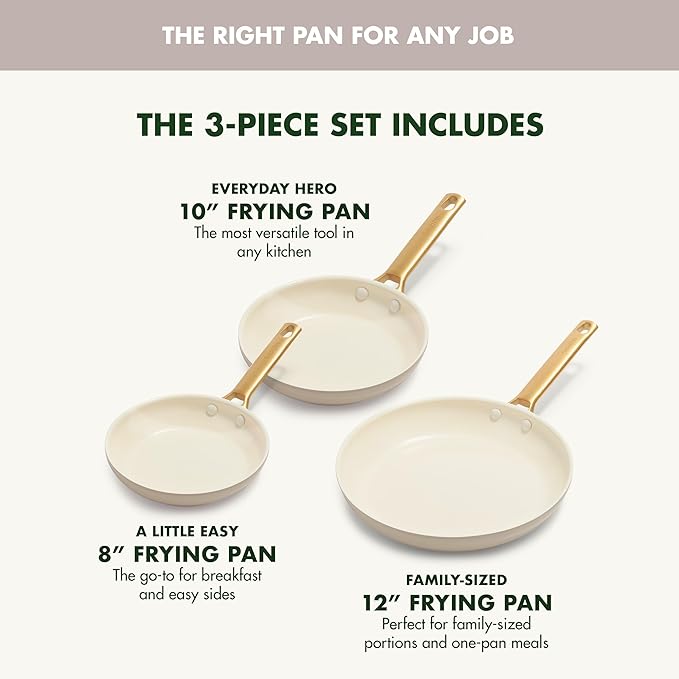 GreenPan Hard Anodized Healthy Ceramic Nonstick 8" 10" and 12" 3 Piece Frying Pan Skillet Set, Gold Handle, PFAS-Free, Dishwasher Safe, Oven Safe, Taupe