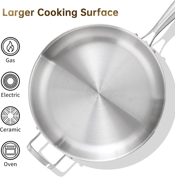 DELARLO Tri-ply Stainless Steel Kitchen Cookware Frying Pan Set with Lid 12" 14" Induction large Skillets Chef's Pan,Pots and Pans Set Kitchen Cookware Set Suitable for All Stove