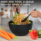 10" Large Salad Serving Bowl with Utensils in Lid, Bamboo Fiber Salad Bowl with Lid, Mixing Bowl with Servers set for Pasta,Fruit,Veggies,Popcorn to Replace Wooden Bowls - Matte Black