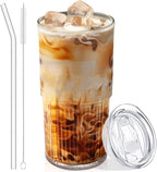 Luiaiog 18.5oz Glass Cups with Lids and Straws – Single Reusable Tumbler, Thickened Shatter-Resistant Glass, Ideal for Iced Coffee, Smoothies, Cocktails, Juices – Elegant & Durable Drinkware