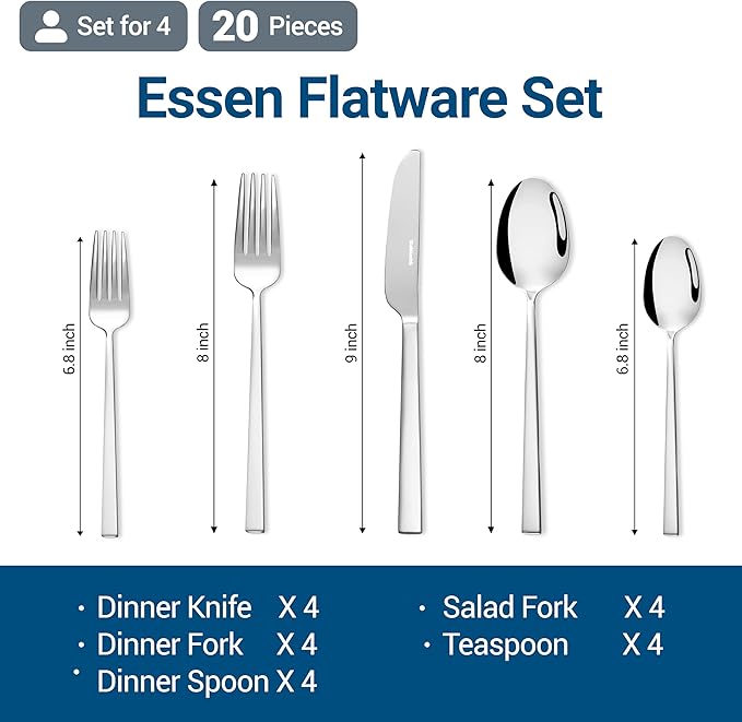 Essen Flatware Set for 4, 20-Piece 18/10 Stainless Steel Silverware Set, Modern Cutlery Set with Mirror Finish, Dishwasher Safe Kitchen Utensil Set, Mother’s Day Gift