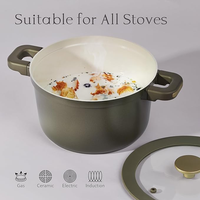 CAROTE Pots and Pans Set Nonstick, Ceramic Cookware Set with Detachable Handles, 5.5QT/3QT/2QT Non stick Stock Pot, Non-toxic Induction Cookware PFAS and PFOA Free, Olive Gree