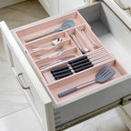 9-Piece Bamboo Kitchen Drawer Organizer Set, Expandable Silverware &Utensil Organizer with Removable Knife Block & Steak Knives, Flatware Organization, Tableware Dividers Storage(Pink)