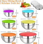 Mixing Bowls with Lids Set, 6 PCS Stainless Steel Mixing Bowls with 3 Grater Attachments, Kitchen Food Organizers Nesting Mixing Bowl, Large Size 4.5, 3.5, 2.1, 1.5, 1.1, 0.7QT-Colorful