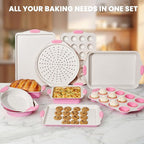Kikcoin 22 PCS Nonstick Baking Pans Set, Stackable Bakeware Sets with Silicone Handles, 450°F Oven Safe Baking Sheet Set, Easy Release Cookie Sheets for Baking, Pink