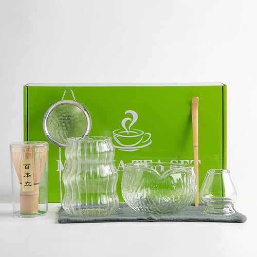 7Pcs Japanese Matcha Tea Set, Matcha Kit with Matcha Bowl (with Pouring Spout), Matcha Whisk, Whisk Holder, Strainer - Elegant Matcha Set for Gifting, Gift Box Packaging glass
