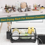 LIYI Dish Drying Rack,Adjustable Spout Design,Kitchen Dish Racks,Made of Iron Material,with Removable Draining Board,Suitable for Kitchen and Caravan Use Scenarios,Black