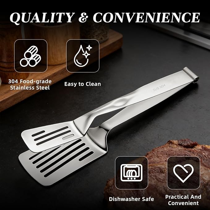 [2-in-1 Detachable Design] 12-Inch 304 Stainless Steel Spatula Tongs, Rust-Proof Metal Tongs for High Heat Cooking, Professional Food Turner for BBQ and Grilling, Durable Kitchen Essential