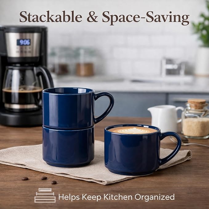 GBhome 14 OZ Coffee Mugs Set of 6, Stackable Ceramic Mugs for Men, Women, Modern Coffee Cups for Latte,Cappuccino,Hot Cocoa. Dishwasher & Microwave Safe, Navy Blue