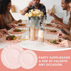 175PCS Gold and Pink Plastic Dinnerware Set, Plastic Party Plates for 25 Guests, 50 Disposable Plates, 25 Heavy Duty Silverware, 25 Cups, 25 Napkins for Party and Wedding