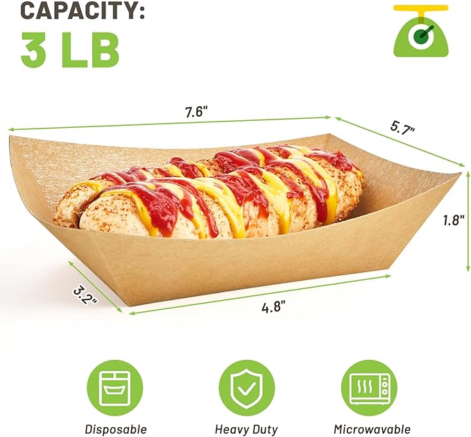 ZORRITA 3 Lb Paper Food Trays - 50 Pack Disposable Nacho Trays, Kraft Paper Food Boats Taco Holders Party Serving Baskets for Hot Dogs Snacks Tacos Fries