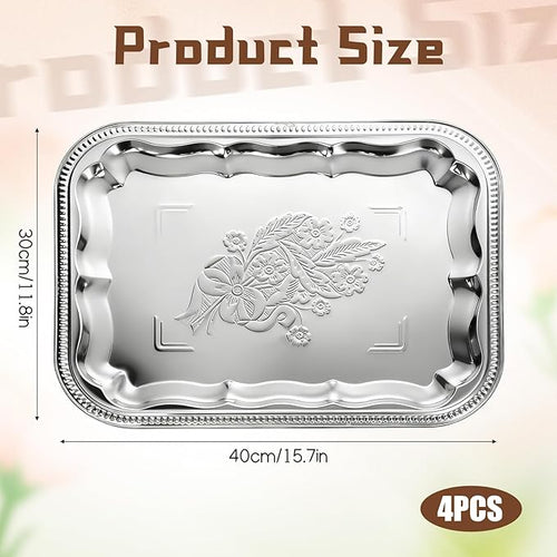 4 Pcs Large Silver Serving Trays, 15.7" x 11.8" Stainless Steel Rectangle Serving Tray, Decorative Silver Plates, Floral Engraved Tray, Metal Sizzler Plates for Coffee Table, Bar, Party, Club, Home