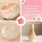 Matcha Whisk Set, 8 Pcs Matcha Kit Set With Pink Cherry Blossom Embossed Pattern Includes 18 OZ Bowl, Bamboo Whisk, Ceramic Holder, Bamboo Scoop x2, Scoop Rest, Stainless Sifter and Tea Towel