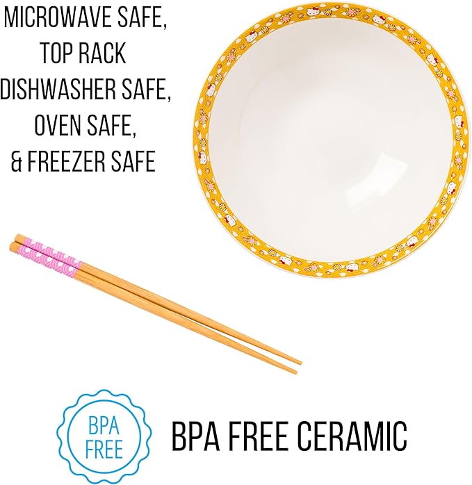 Silver Buffalo Sanrio Hello Kitty Pink and Gold Japanese Pattern with Flowers Ceramic Ramen Noodle Rice Bowl with Chopsticks, Microwave Safe, 30 Ounces