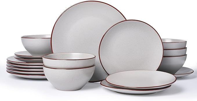 Famiware Venus Plates and Bowls Sets, 18 Pieces Stoneware Speckled Dishes Dinnerware Set for 6, Matte Light Gray - Microwave & Dishwasher Safe, Modern Minimalist, for Everyday Meals & Formal Dining
