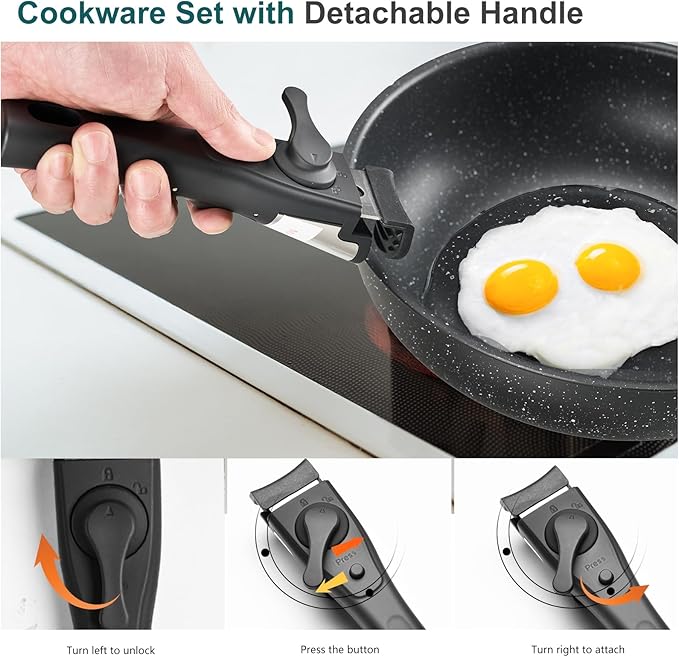 NEWBULIG 12-Piece Pots and Pans Set, Nonstick Cookware Set with Detachable Handle, Non toxic Induction Kitchen Cooking Set, Dishwasher ＆ Oven Safe, RV Friendly, Black