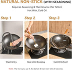 WANGYUANJI Carbon Steel Wok 14.2", Large Nitriding Flat Bottom Stir Fry Pan with Lid, No Chemical Coating Rust Resistant Iron Skillet for Induction Electric Gas Stoves, Big Capacity Serves 6+
