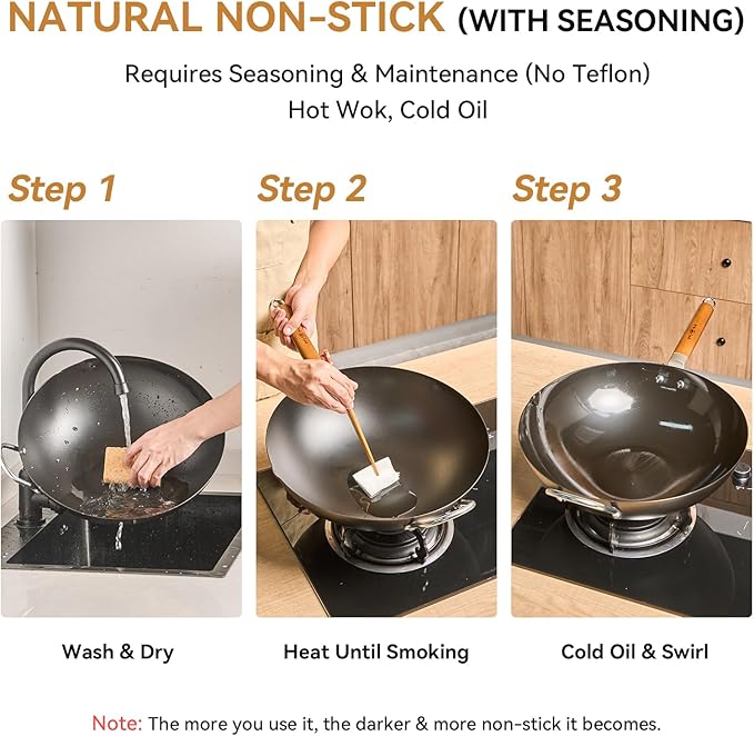 WANGYUANJI Carbon Steel Wok 14.2", Large Nitriding Flat Bottom Stir Fry Pan with Lid, No Chemical Coating Rust Resistant Iron Skillet for Induction Electric Gas Stoves, Big Capacity Serves 6+