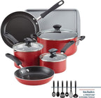 Farberware Cookstart DiamondMax Nonstick Cookware/Pots and Pans Set, Dishwasher Safe, Includes Baking Pan and Cooking Tools, 15 Piece - Red