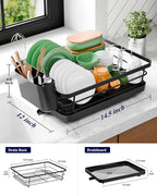 Kitsure Dish Drying Rack - Compact Dish Rack with Utensil Holder & Adjustable Water Outlet, Rust-Proof & Scratch-Resistant Drying Rack for Kitchen, 14.5" x 12.0" x 4.0", Black