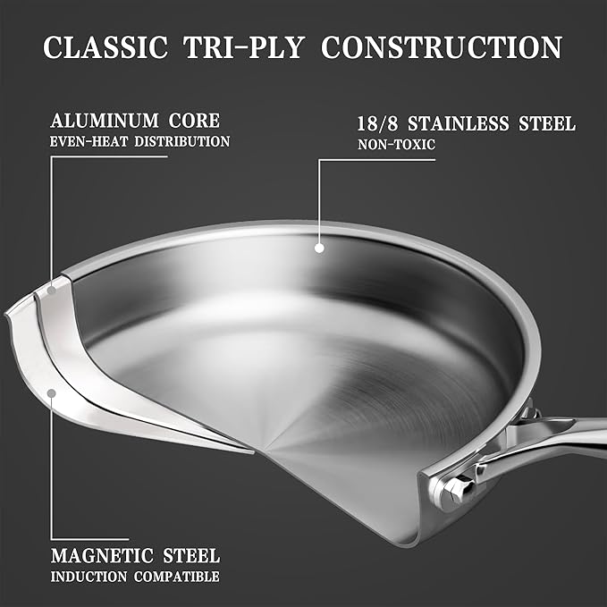 Stainless Steel Cookware Set - VONIKI Tri-ply Stainless Pots And Pans Set with Steamer Basket, Non Toxic Induction Cookware, Kitchen Cookware Sets PFOA & PTFE Free, Dishwasher and Oven Safe
