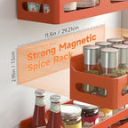 4 Pack Strong Magnetic Spice Rack for Refrigerator, Multipurpose Magnetic Shelf for Fridge with 4 Hooks for kitchen and Bathroom Organization, Orange