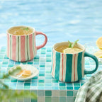 Retro Checkered Ceramic Coffee Mug 16Oz - Extra Large Handle, Microwave Safe Vintage Patterned Tea Cup for Home-4pack