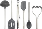 Tovolo Silicone Cooking Utensil Set of 6 Stainless Steel Handle Ladle Slotted Turner Tongs Flex Core Spatula Scraper Mixing Spoon & Potato Masher, Dishwasher Safe BPA Free Utensils, Charcoal Gray