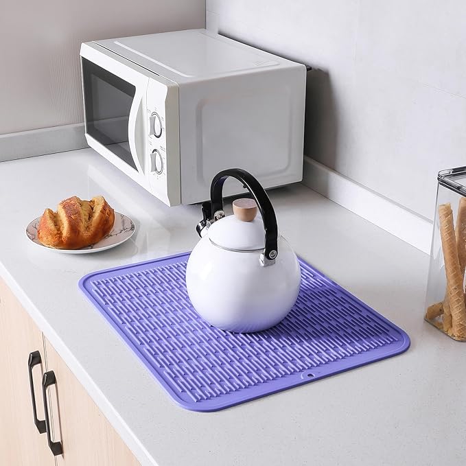 MicoYang Silicone Dish Drying Mat for Multiple Usage,Easy clean,Eco-friendly,Heat-resistant Silicone Mat for Kitchen Counter or Sink,Refrigerator or Drawer Liner Light Purple XL 18 inches x 16 inches